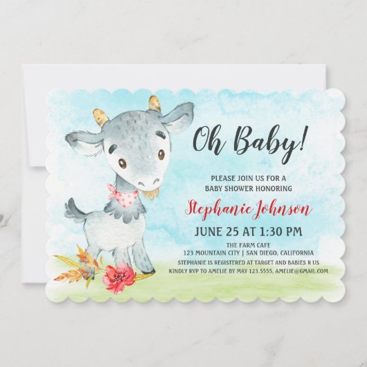 Waterverf Geit Baby shower Boerderij Invitation Kaart (Voorkant)
