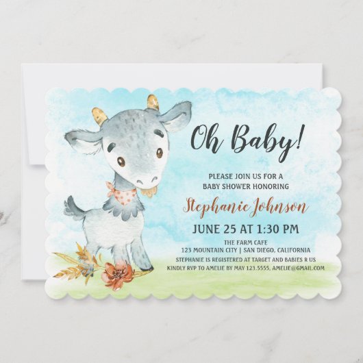 Waterverf Geit Baby shower Boerderij Invitation Kaart (Voorkant)