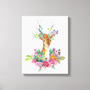Waterverf gekleurde Floral Baby Deer Baby Nursery Canvas Afdruk