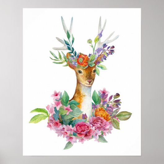 Waterverf gekleurde Floral Baby Deer Baby Nursery Poster (Voorkant)