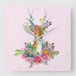 Waterverf gekleurde Floral Baby Deer Baby Nursery Vierkante Klok