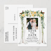 Waterverf Gele bloemen Foto van bruiloft Aankondigingskaart (Voorkant / Achterkant)