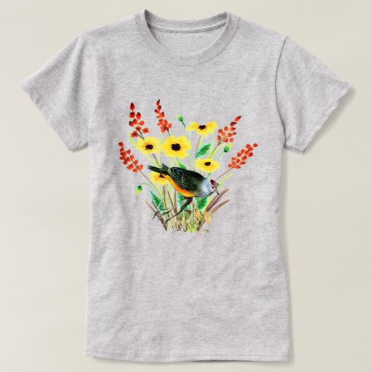 Waterverf Gele Bloemen met vogelgrijs T-shirt (Design voorkant)