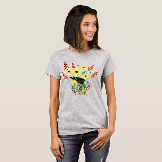 Waterverf Gele Bloemen met vogelgrijs T-shirt (Voorkant volledig)