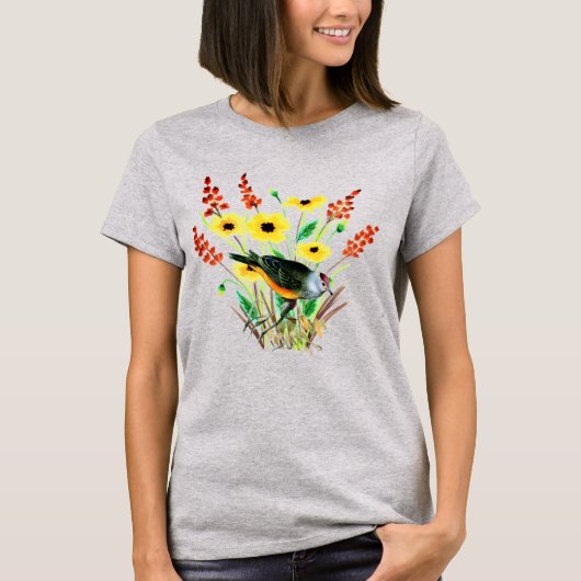 Waterverf Gele Bloemen met vogelgrijs T-shirt (Voorkant)
