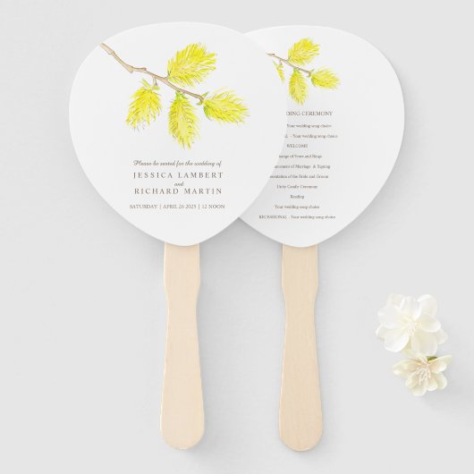Waterverf gele catkins bruiloft programma fans handwaaier (Voorkant en achterkant)