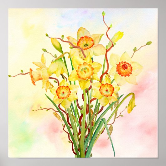 Waterverf Gele Daffodils Spring Flowers Poster (Voorkant)