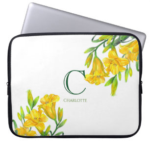 Waterverf Gele Dag Lilies Floral Art Monogram Laptop Sleeve
