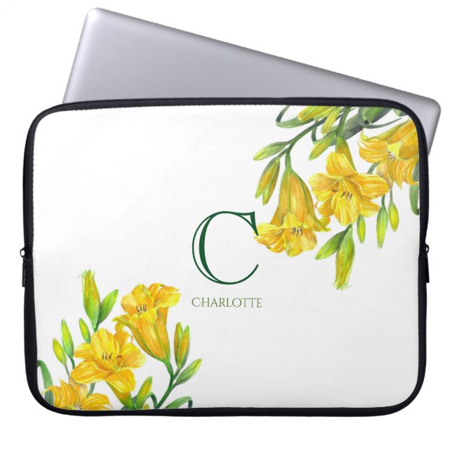 Waterverf Gele Dag Lilies Floral Art Monogram Laptop Sleeve (Voorkant)