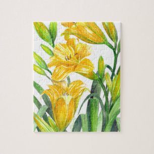 Waterverf Gele Dag Lilies Floral Illustration Legpuzzel
