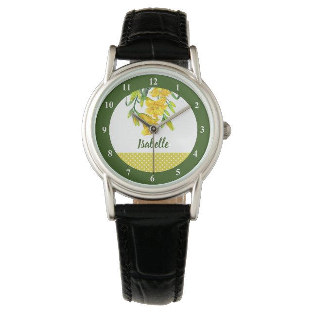 Waterverf Gele Dag Lilies Floral met cijfers Horloge (Voorkant)