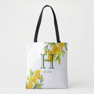 Waterverf Gele Dag Lilies Floral Monogram Tote Bag
