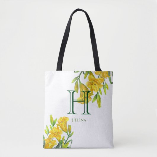Waterverf Gele Dag Lilies Floral Monogram Tote Bag (Voorkant)