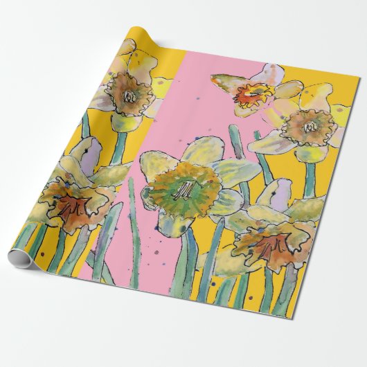 Waterverf gele deffodil roze lentesbloemen cadeaupapier (Uitgerold)