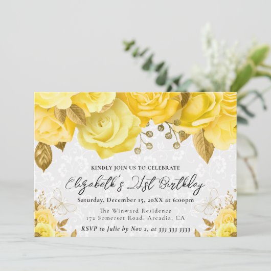 Waterverf Gele en Gouden Bloemen 21e Verjaardag Kaart (Staand voorkant)