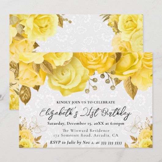 Waterverf Gele en Gouden Bloemen 21e Verjaardag Kaart (Voorkant / Achterkant)