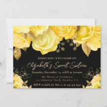 Waterverf Gele en Gouden Bloemen Sweet Sixteen