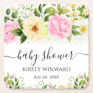 Waterverf Gele en Roze Bloemen Baby Shower Kartonnen Onderzetters