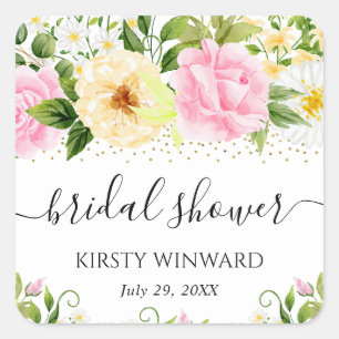 Waterverf Gele en Roze Bloemen Bruidsdouche Vierkante Sticker