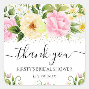 Waterverf Gele en Roze Bloemen Bruidsshower Vierkante Sticker