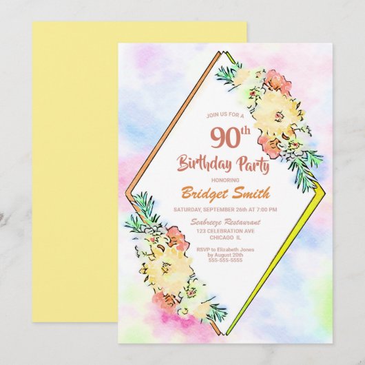 Waterverf Gele Floral 90e verjaardag Kaart (Voorkant / Achterkant)