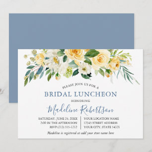 Waterverf Gele Floral Dusty Blue Bridal Lunch Kaart