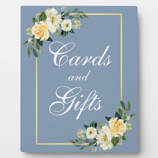 Waterverf Gele Floral Dusty Blue Kaarten Gifts Fotoplaat (Voorkant)