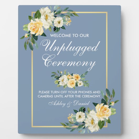 Waterverf Gele Floral Dusty Blue Unplugging Fotoplaat (Voorkant)