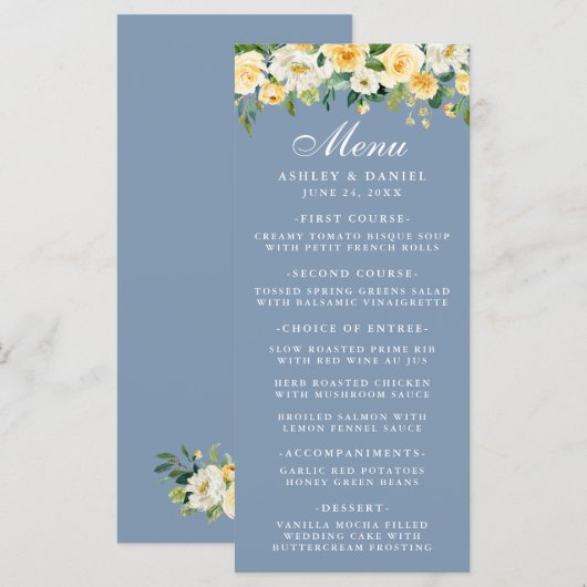 Waterverf Gele Floral Dusty Blue Wedding Menu (Voorkant / Achterkant)