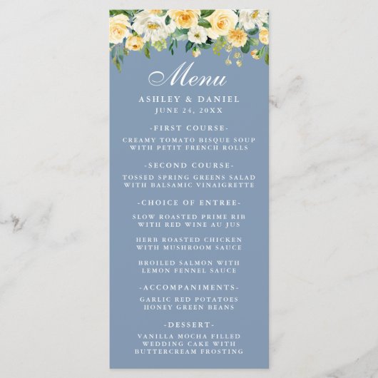 Waterverf Gele Floral Dusty Blue Wedding Menu (Voorkant)