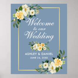 Waterverf Gele Floral Dusty Blue Wedding Poster