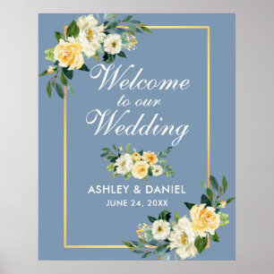 Waterverf Gele Floral Dusty Blue Wedding Poster
