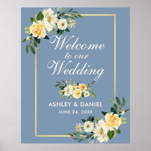 Waterverf Gele Floral Dusty Blue Wedding Poster (Voorkant)