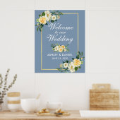 Waterverf Gele Floral Dusty Blue Wedding Poster (Keuken)
