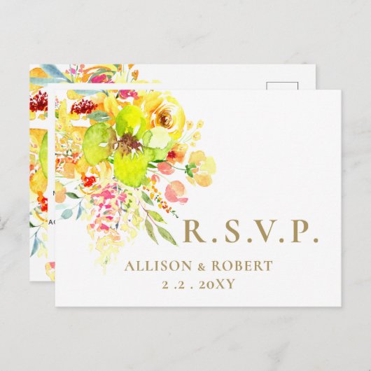 Waterverf Gele Floral Rustic Wedding RSVP Uitnodiging Briefkaart (Voorkant / Achterkant)