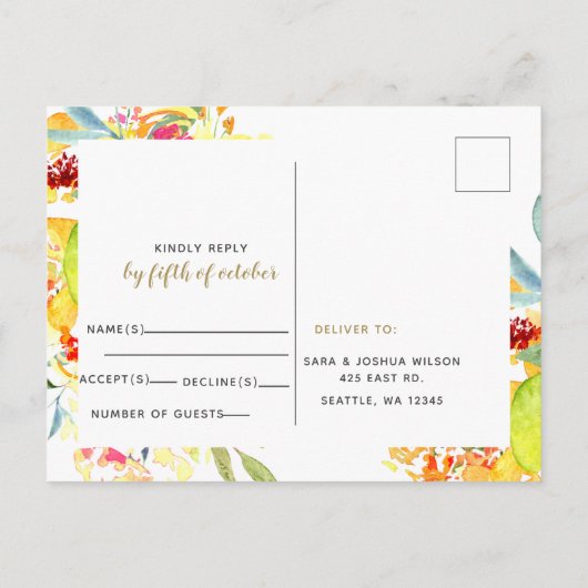 Waterverf Gele Floral Rustic Wedding RSVP Uitnodiging Briefkaart (Achterkant)