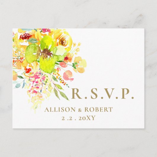 Waterverf Gele Floral Rustic Wedding RSVP Uitnodiging Briefkaart (Voorkant)