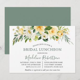 Waterverf Gele Floral Sage Green Bridal Lunch Kaart