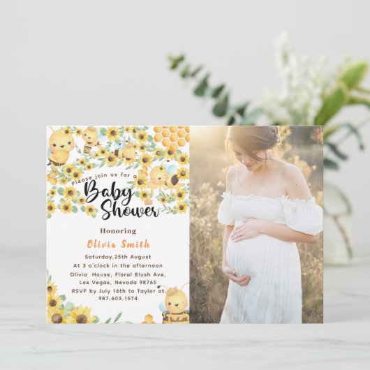 Waterverf Gele Honing Zonnebloem Bij Baby Shower  Kaart (Staand voorkant)
