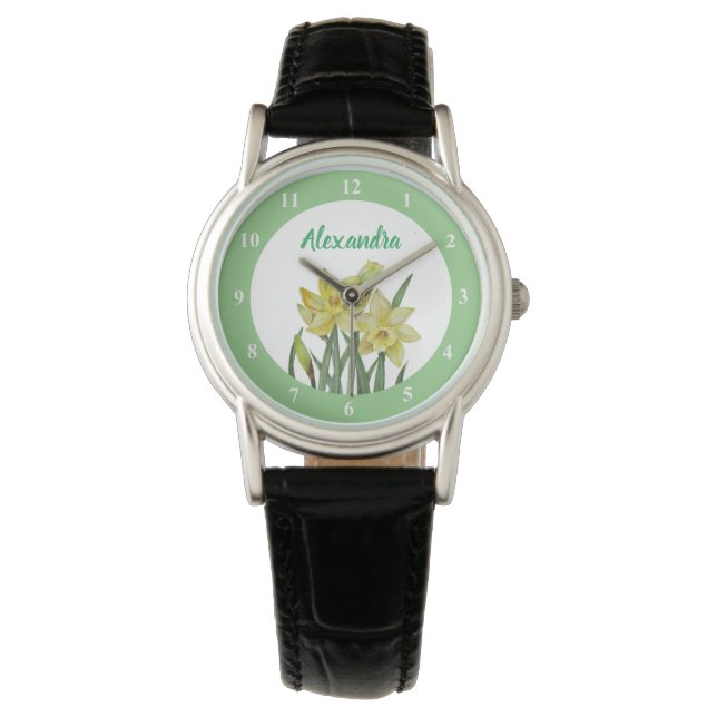Waterverf Gele Lente Daffodils met Nummers Horloge (Voorkant)