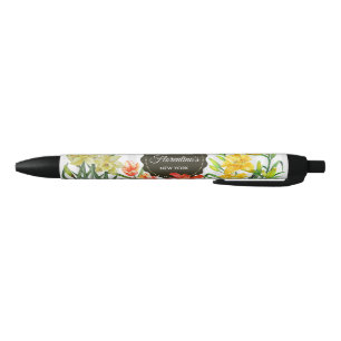 Waterverf Gele Oranje Lente Bloemen Zwarte Inkt Pen