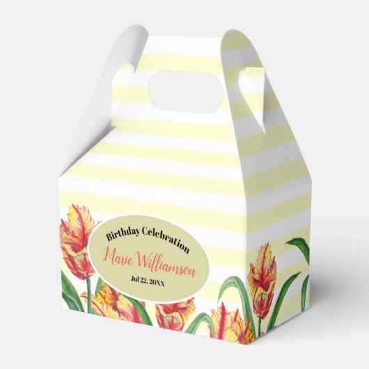 Waterverf gele papegaaien Tulp beige witte strepen Bedankdoosjes (Achterkant)