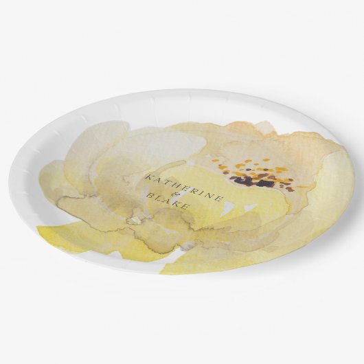 Waterverf Gele Pioen Namen Bruiloft Papieren Bordje (Gekanteld)