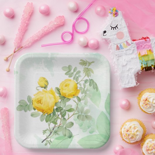 Waterverf Gele roodroos Natuur Ventilator Papieren Bordje (Feest)