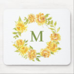 Waterverf Gele rozen Floral Wreatmonogram Muismat<br><div class="desc">Een heldere en grillige botanische mousepad. Het heeft een waterverf florale kreet van gele rozen en pinda's met grijze accenten. Personaliseer door een monogram toe te voegen. Deze gele florale mousepad is perfect als een gepersonaliseerd geschenk voor studenten.</div>