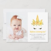 Waterverf Gele Unicorn Floral eerste verjaardag Kaart (Voorkant)