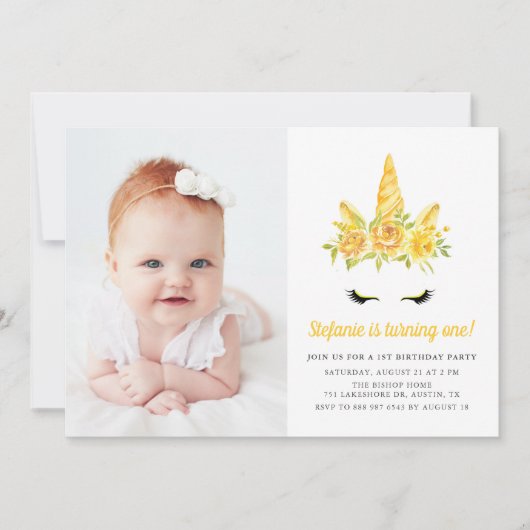 Waterverf Gele Unicorn Floral eerste verjaardag Kaart (Voorkant)