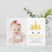 Waterverf Gele Unicorn Floral eerste verjaardag Kaart (Staand voorkant)