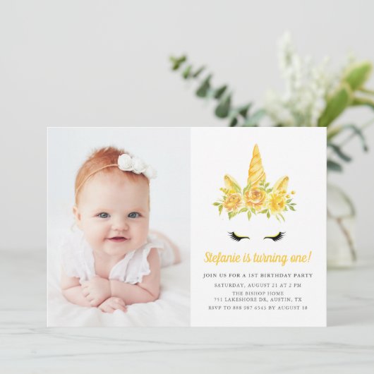 Waterverf Gele Unicorn Floral eerste verjaardag Kaart (Staand voorkant)