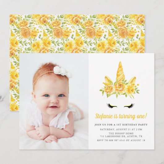 Waterverf Gele Unicorn Floral eerste verjaardag Kaart (Voorkant / Achterkant)